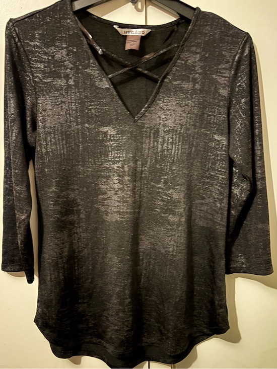 Peter Nygard Tops - Peter Nygard Black Metallic Long-Sleeve V-Neck Top with Crisscross